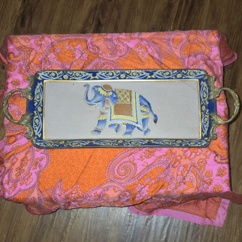 Vintage Dominic Hand-Painted Elephant Tray 16"x5.75" Ceramic w/ Brass Handles